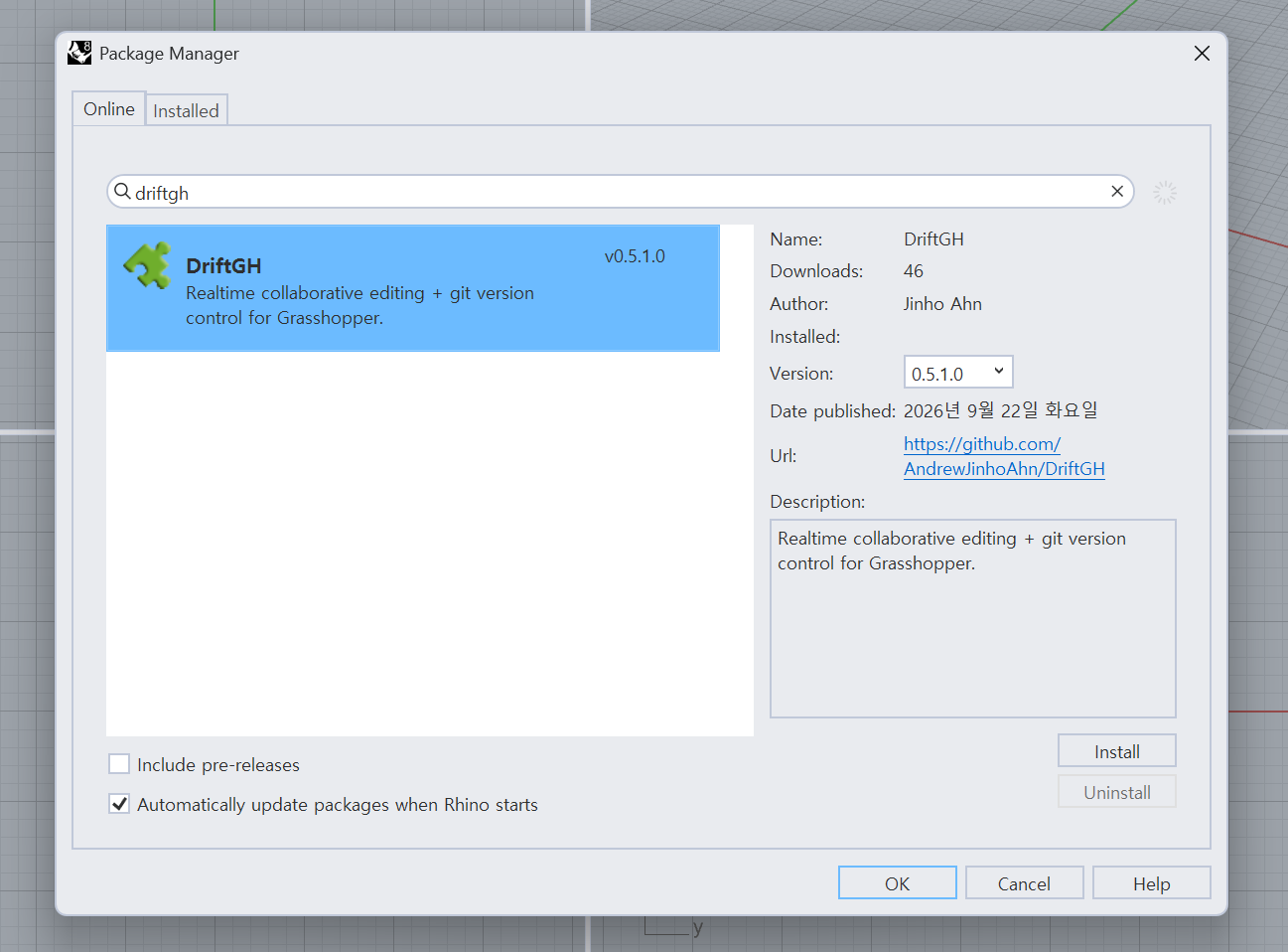 Rhino Package Manager showing the DriftGH search result and Install button