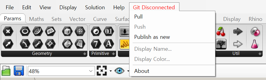 Grasshopper Git Disconnected menu showing Pull, Push and Publish as new