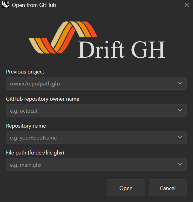 Open from GitHub dialog with Previous project, repository owner, repository name and file path fields