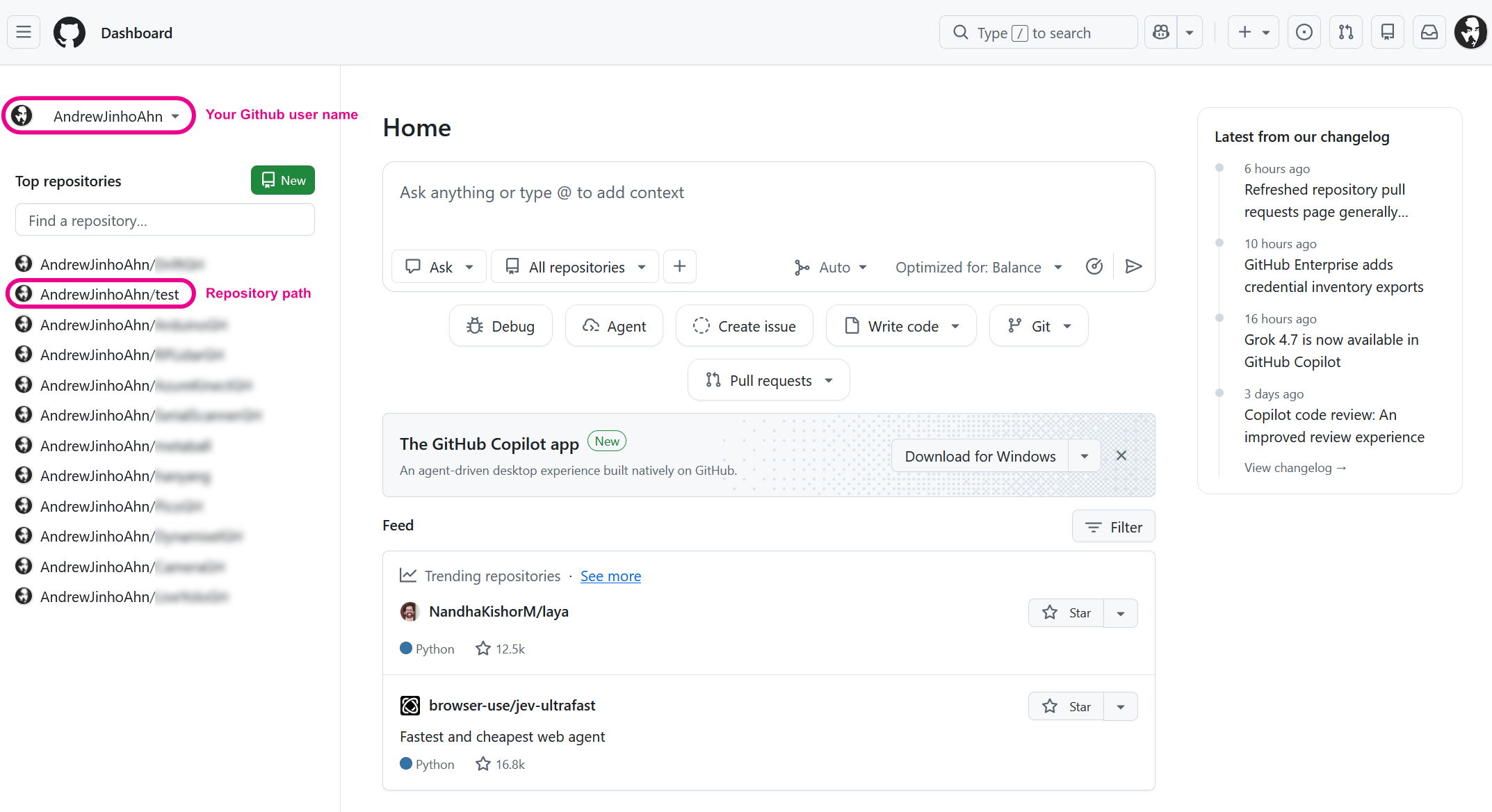 GitHub dashboard with annotations for the username and repository path; unrelated repository names are blurred