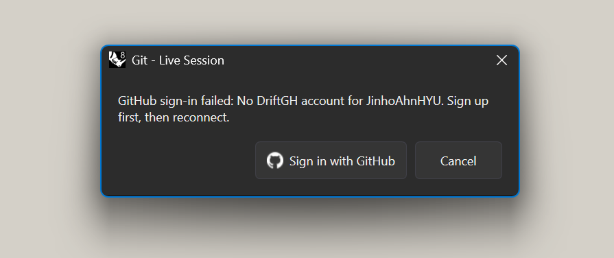 Older DriftGH signup prompt requiring the user to reconnect after website signup