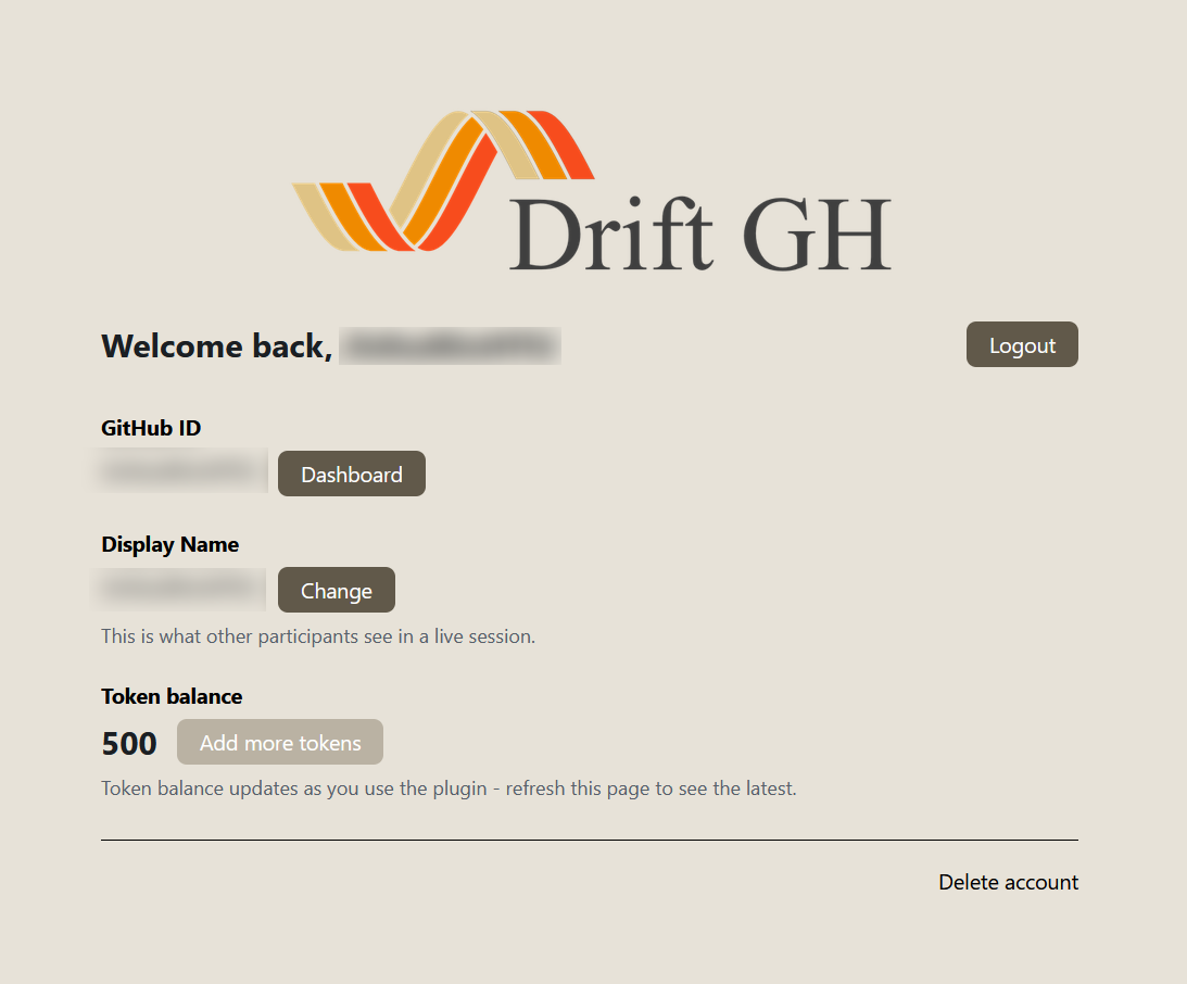 Signed-in DriftGH account page showing GitHub ID, display name and token balance; personal details are blurred